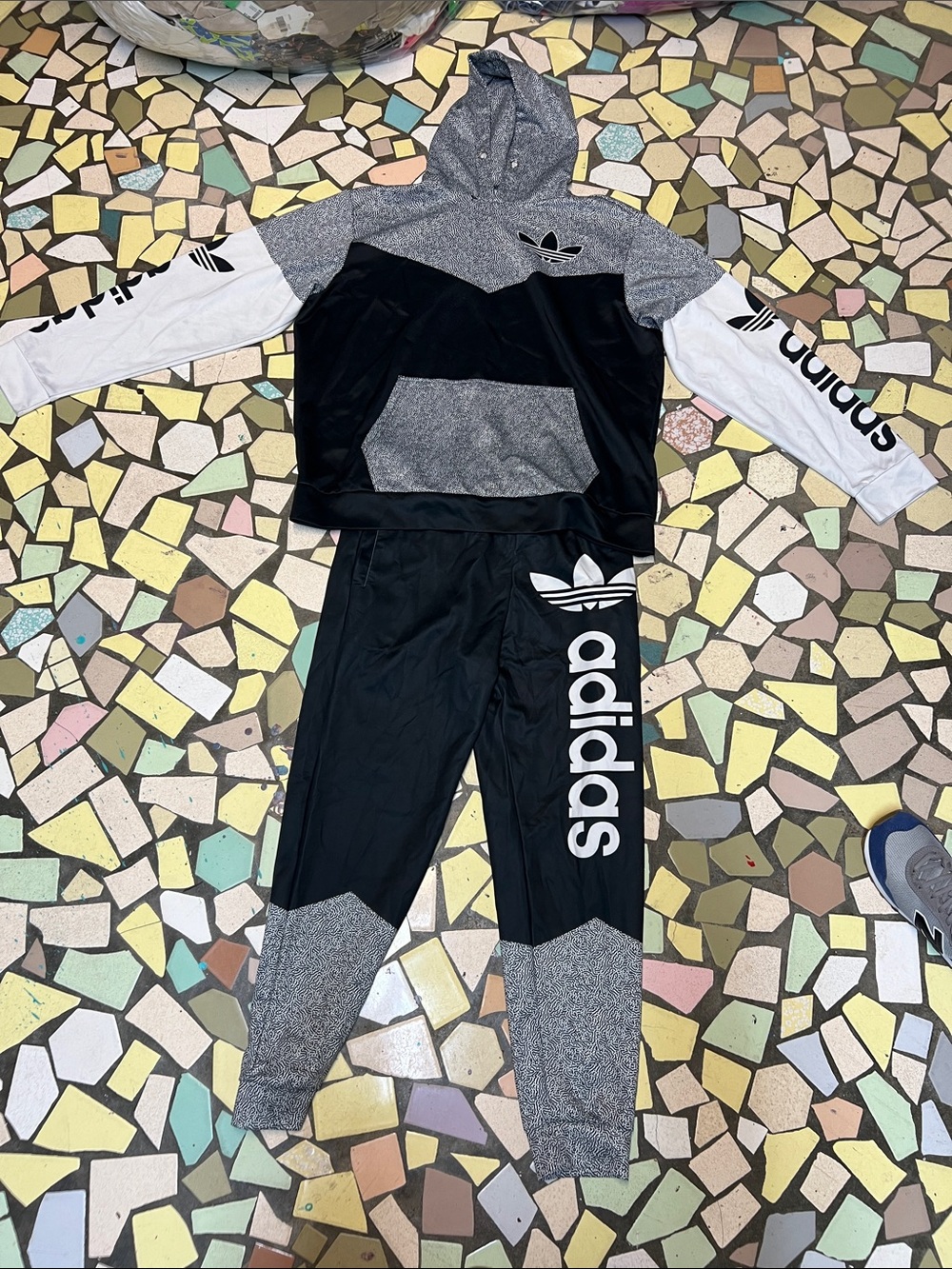 adidas Black, Gray & White Colorblock Hoodie and Joggers Set